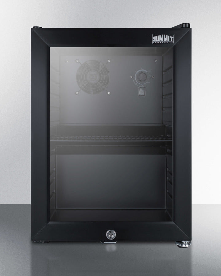 Compact commercial beverage center with glass door, lock, and black cabinet (Model SCR114LLHD) - Front