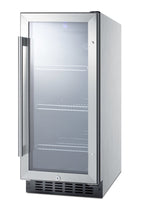 Accucold 15" wide built-in undercounter glass door beverage cooler for home or commercial use, with digital controls, lock, LED l (Model SCR1536BGCSSLHD)