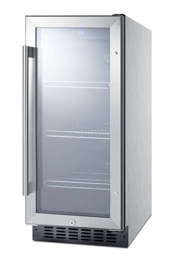 Accucold 15" wide built-in undercounter glass door beverage cooler for home or commercial use, with digital controls, lock, LED l (Model SCR1536BGCSSLHD)