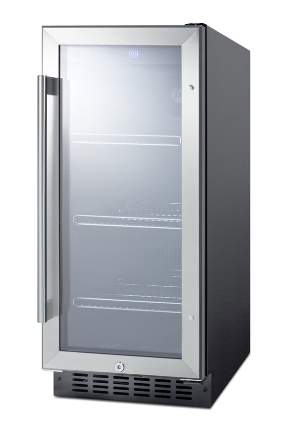 15" wide built-in undercounter glass door beverage cooler for home or commercial use, with digital controls, lock, LED l