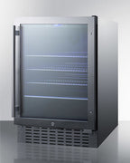Accucold Built-in undercounter beverage refrigerator with seamless trimmed glass door, digital controls, lock, and