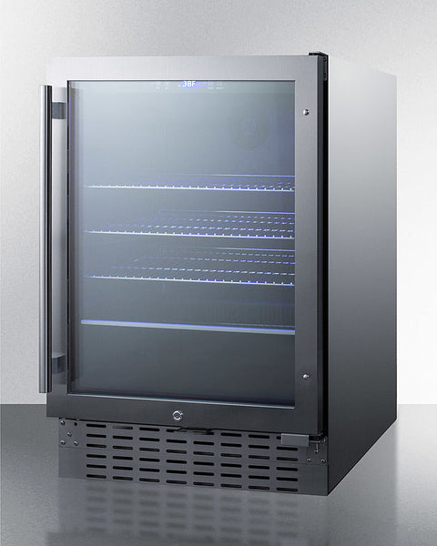 Accucold Built-in undercounter beverage refrigerator with seamless trimmed glass door, digital controls, lock, and