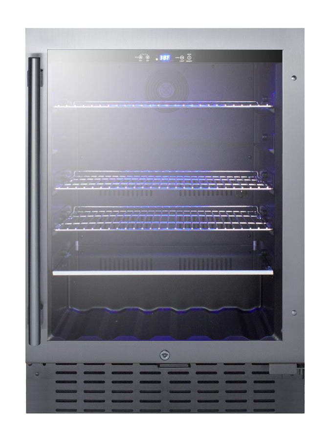 Built-in undercounter beverage refrigerator with seamless trimmed glass door, digital controls, lock, and stainless stee