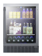 Built-in undercounter beverage refrigerator with seamless trimmed glass door, digital controls, lock, and stainless stee