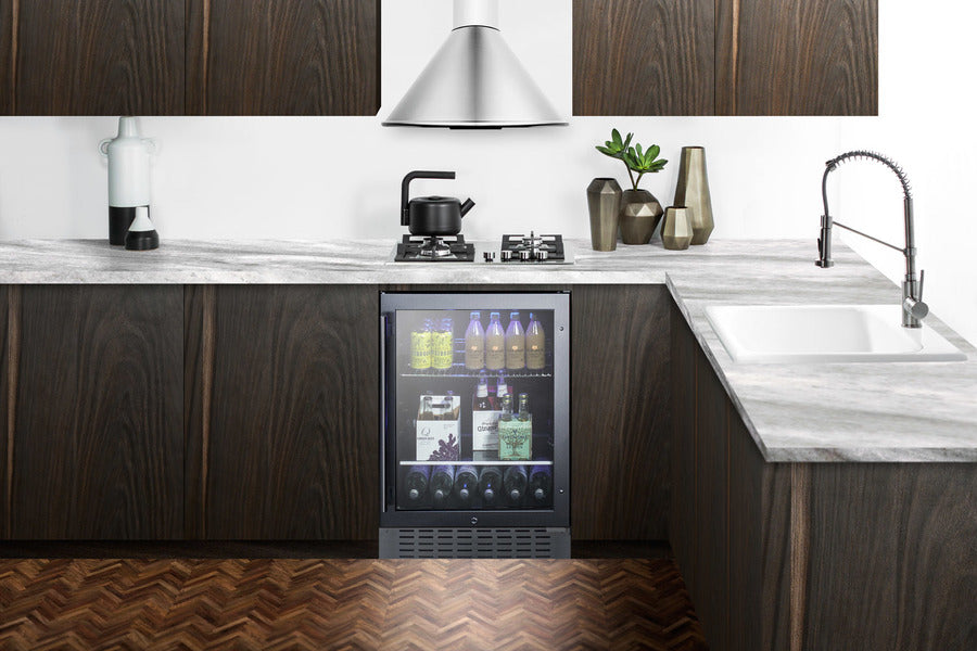 Built-in undercounter beverage refrigerator with seamless trimmed glass door, digital controls, lock, and stainless stee