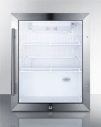 Commercially approved countertop beverage cooler with reversible glass door, black cabinet, and front lock