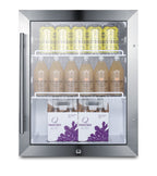 Commercially approved countertop beverage cooler with reversible glass door, black cabinet, and front lock
