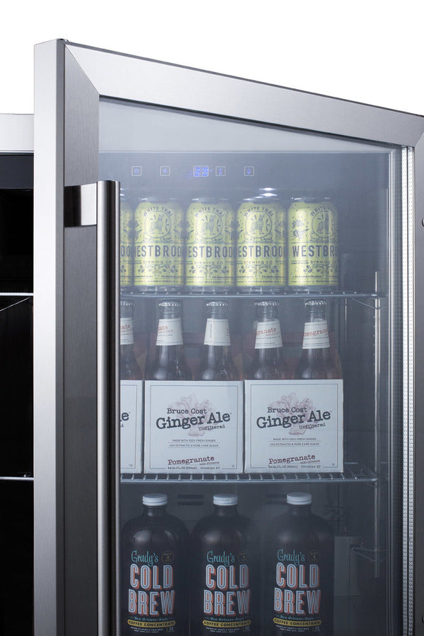 Outdoor built-in undercounter commercial glass door beverage center with stainless steel interior and exterior cabinet (