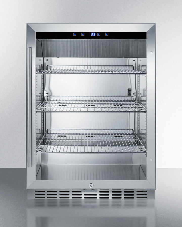 Outdoor built-in undercounter commercial glass door beverage center with stainless steel interior and exterior cabinet (