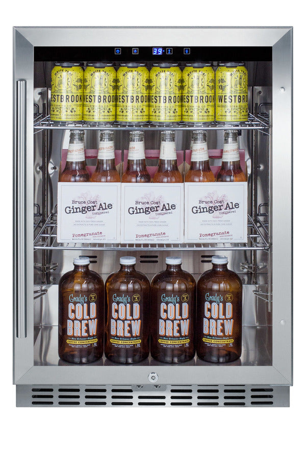 Outdoor built-in undercounter commercial glass door beverage center with stainless steel interior and exterior cabinet (
