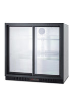 Accucold Commercial back bar beverage center for freestanding use, with sliding glass doors and stainless steel wrapped cabinet