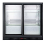 Accucold Commercial back bar beverage center for freestanding use, with sliding glass doors and stainless steel wrapped cabinet