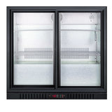 Accucold Commercial back bar beverage center for freestanding use, with sliding glass doors and stainless steel wrapped cabinet