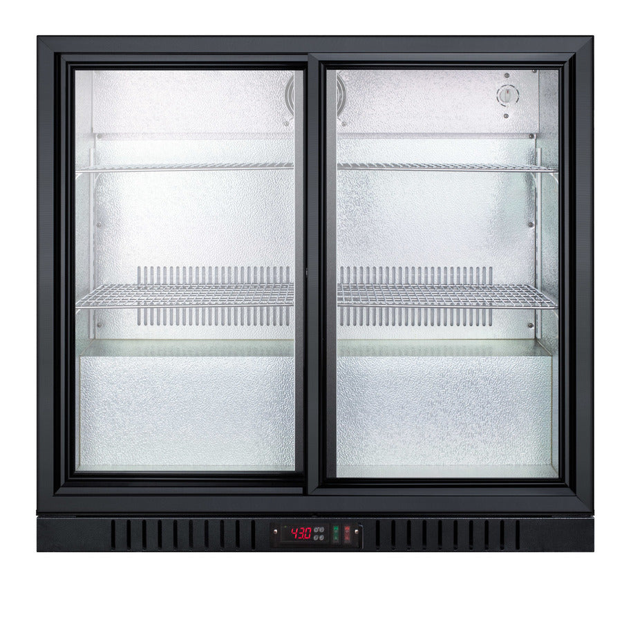 Accucold Commercial back bar beverage center for freestanding use, with sliding glass doors and stainless steel wrapped cabinet