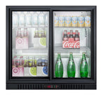 Accucold Commercial back bar beverage center for freestanding use, with sliding glass doors and stainless steel wrapped cabinet