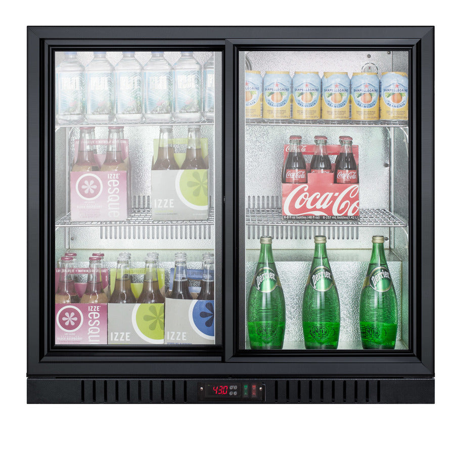 Accucold Commercial back bar beverage center for freestanding use, with sliding glass doors and stainless steel wrapped cabinet