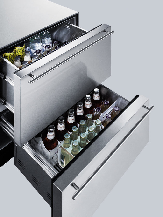 Commercially approved ADA compliant two-drawer refrigerator in stainless steel for built-in use