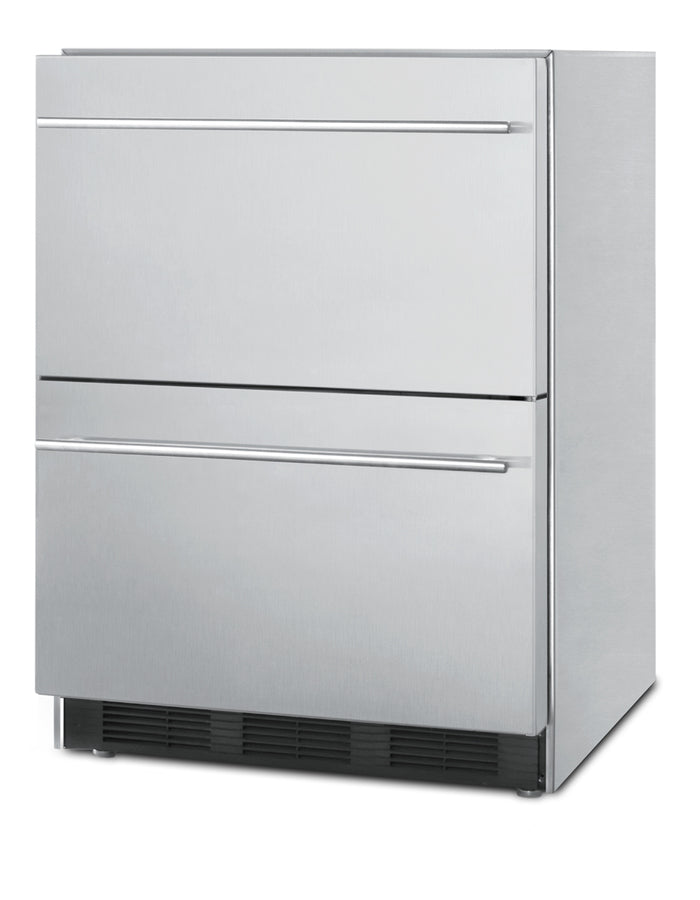 Commercially approved two-drawer auto defrost all-refrigerator in full stainless steel for built-in or freestanding use - Angle