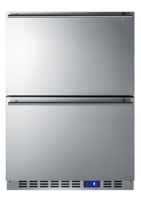 Accucold Two-drawer outdoor frost-free all-freezer in stainless steel, commercially listed for built-in or freestanding use