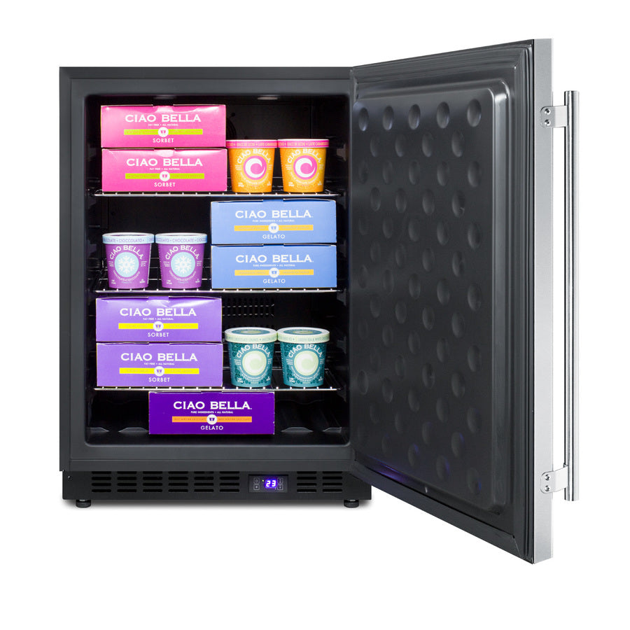 Frost-free outdoor all-freezer in complete stainless steel, with digital thermostat, LED lighting, and lock; built-in or