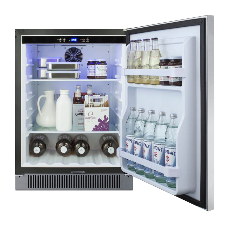 Accucold Outdoor all-refrigerator for built-in use, with lock, digital thermostat, black cabinet, and stainless steel door (Model SPR623OSCSS)