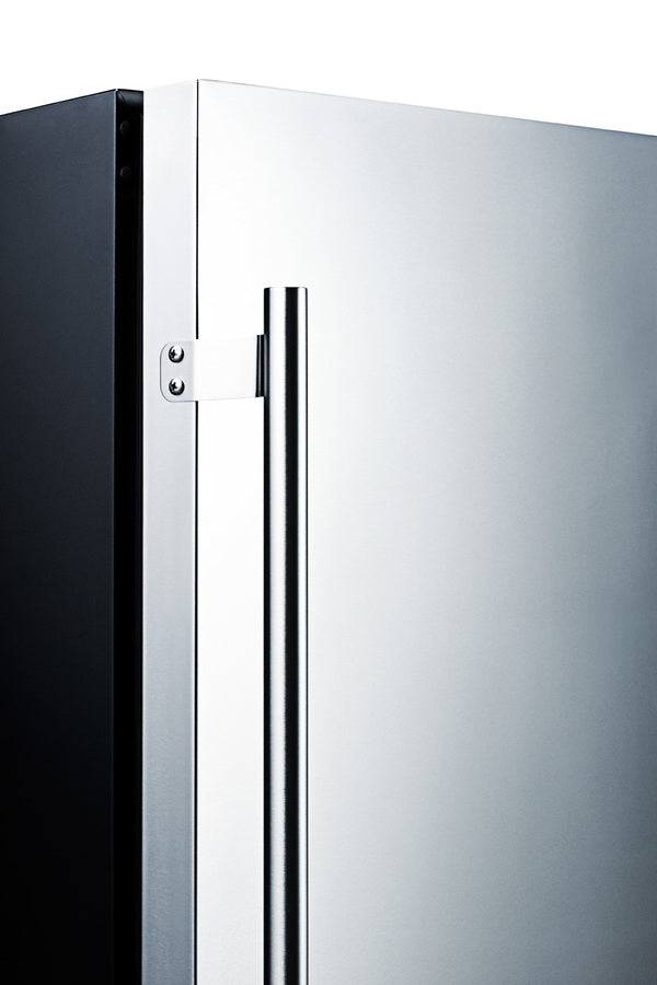 Accucold Outdoor all-refrigerator for built-in use, with lock, digital thermostat, black cabinet, and stainless steel door (Model SPR627OSLHD)