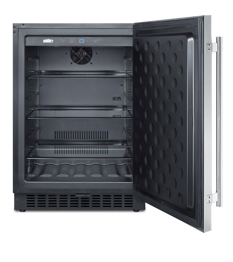 Accucold Outdoor all-refrigerator for built-in use, with lock, digital thermostat, black cabinet, and stainless steel door (Model SPR627OSLHD)