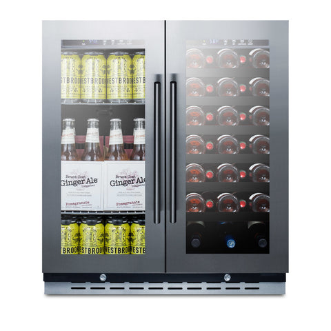 Accucold 30" Wide Built-in Undercounter Dual Zone Wine and Craft Beer Cooler with Locks, Digital Thermostats, and Glass Doors In