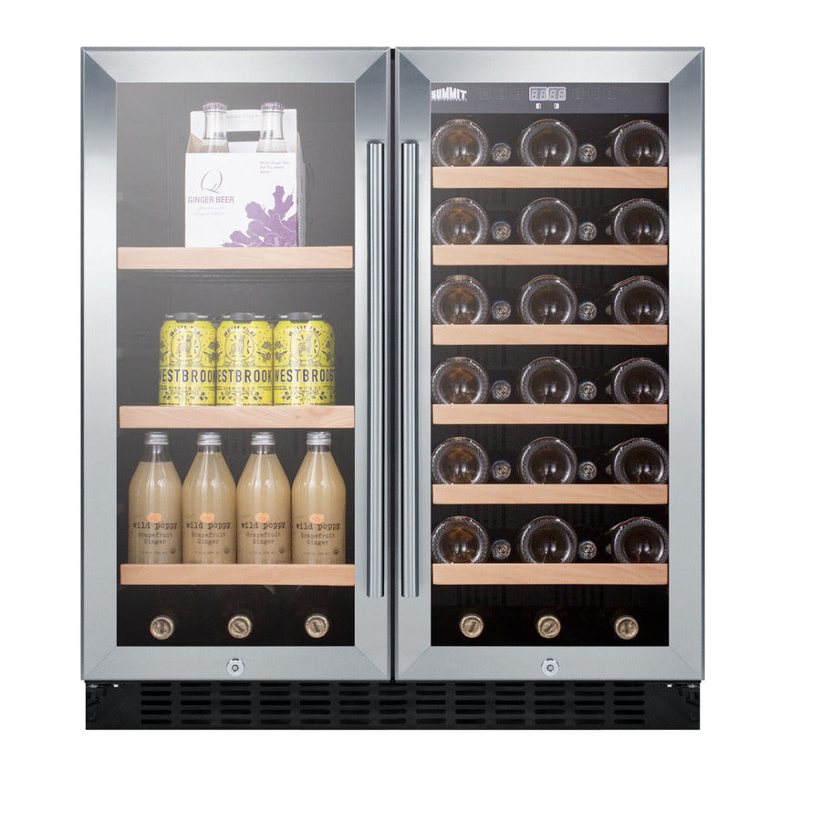 30" wide built-in undercounter dual zone wine and craft beer cooler with locks, digital controls, and LED lighting