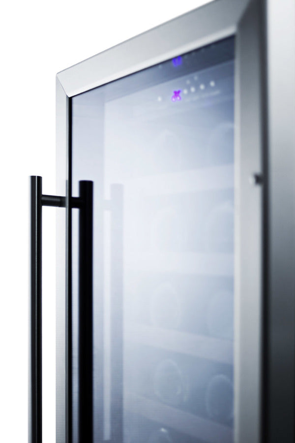 Accucold 18" wide wine cellar for built-in or freestanding use with stainless steel cabinet, digital controls, and LED lighting (Model SWC1840BCSS)