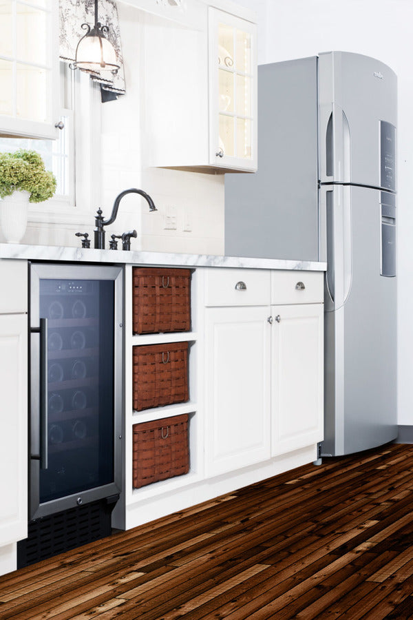 Accucold 18" wide wine cellar for built-in or freestanding use with stainless steel cabinet, digital controls, and LED lighting (Model SWC1840BCSS)
