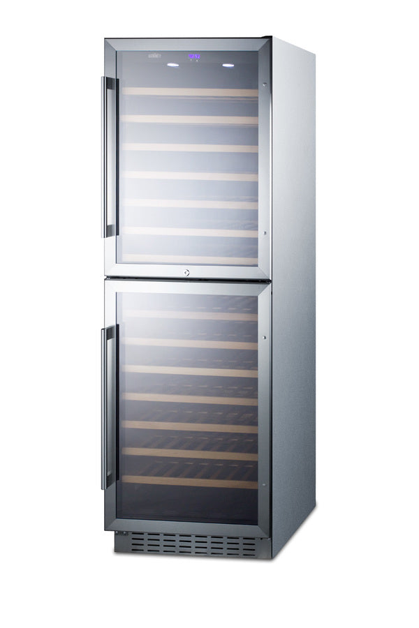 Dual zone 118 bottle wine cellar with two glass doors and stainless steel wrapped cabinet; for built-in or freestanding 
