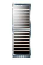 Dual zone 118 bottle wine cellar with two glass doors and stainless steel wrapped cabinet; for built-in or freestanding 
