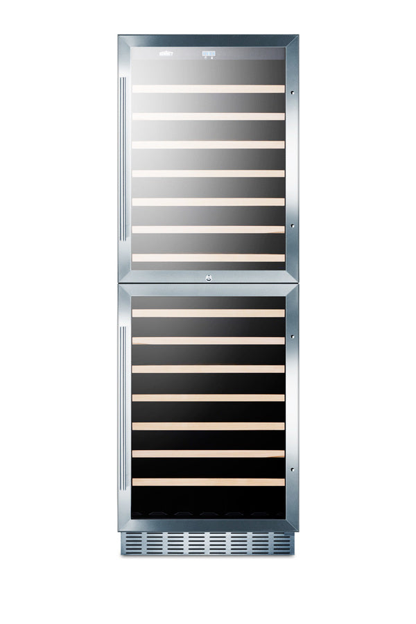 Dual zone 118 bottle wine cellar with two glass doors and stainless steel wrapped cabinet; for built-in or freestanding 
