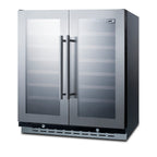 30" wide built-in undercounter dual zone wine cellar with seamless stainless steel trimmed glass French doors, locks, an - Angle