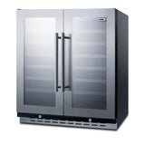 30" wide built-in undercounter dual zone wine cellar with seamless stainless steel trimmed glass French doors, locks, an - Angle