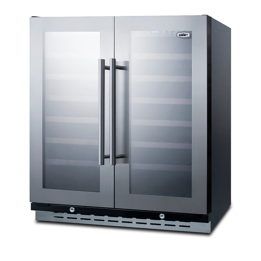 30" wide built-in undercounter dual zone wine cellar with seamless stainless steel trimmed glass French doors, locks, an - Angle