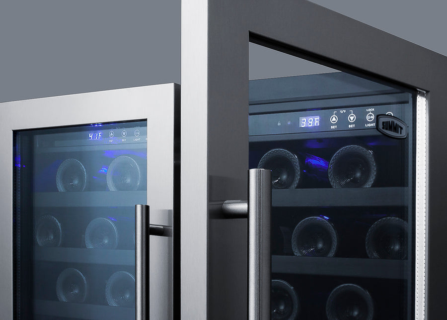 30" wide built-in undercounter dual zone wine cellar with seamless stainless steel trimmed glass French doors, locks, an - Detail