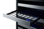 Dual zone built-in wine cellar with seamless SS trimmed glass door, full extension shelves, digital thermostat, and stai