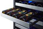 Dual zone built-in wine cellar with seamless SS trimmed glass door, full extension shelves, digital thermostat, and stai