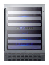 Dual zone built-in wine cellar with seamless SS trimmed glass door, full extension shelves, digital thermostat, and stai