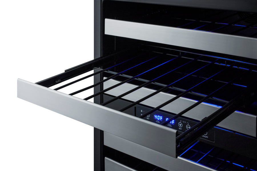 Accucold Dual zone built-in wine cellar with panel-ready glass door, full extension shelves, digital thermostat, and black cabine (Model SWC532BLBISTPNR)