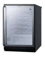 Commercially approved counter height wine cellar with glass door, black cabinet, lock and full length towel bar handle