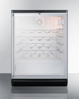 Commercially approved counter height wine cellar with glass door, black cabinet, lock and full length towel bar handle