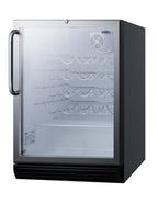Accucold ADA compliant, commercially approved wine cellar for freestanding use with glass door, black cabinet, and towel bar hand