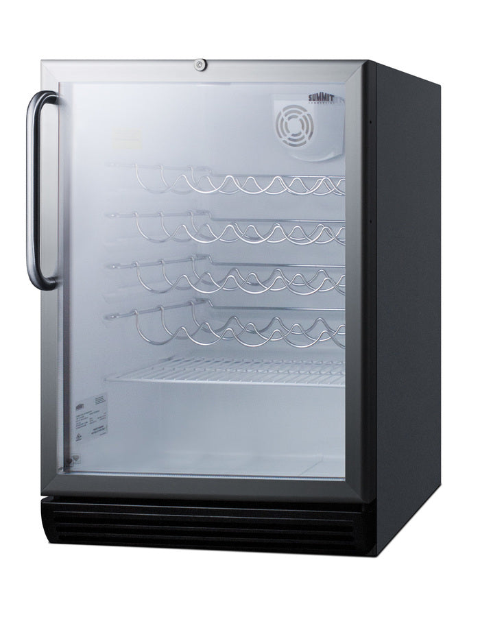 Accucold ADA compliant, commercially approved wine cellar for freestanding use with glass door, black cabinet, and towel bar hand