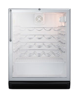 Accucold ADA compliant, commercially approved wine cellar for freestanding use with glass door, black cabinet, and towel bar hand