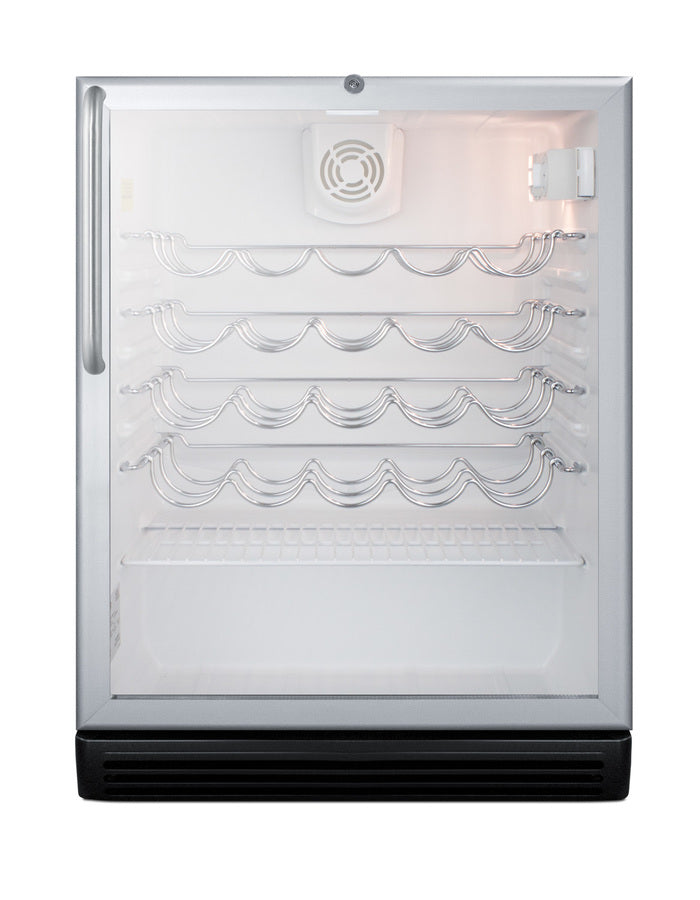 Accucold ADA compliant, commercially approved wine cellar for freestanding use with glass door, black cabinet, and towel bar hand