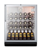 Accucold ADA compliant, commercially approved wine cellar for freestanding use with glass door, black cabinet, and towel bar hand