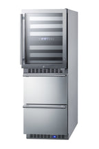 24" Wide Combination built-in/freestanding Upright Dual Zone Glass Door Wine Cellar and 2-drawer Refrigerator in Stainle